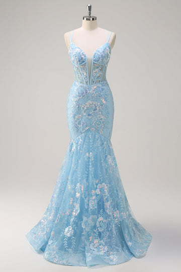 Sirène bleue scintillante spaghetti bretelles Sequin Corset longue robe de bal avec broderie